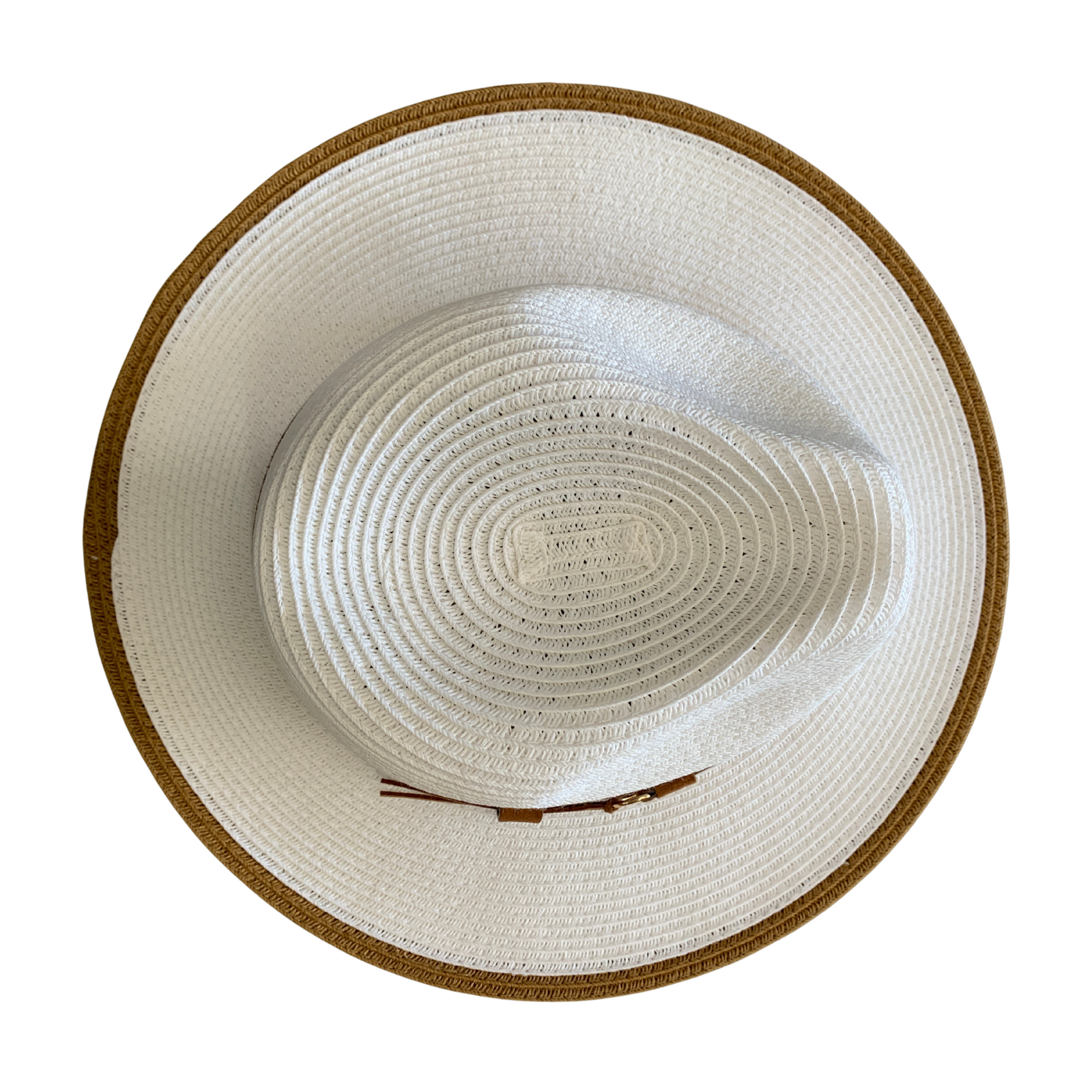 A top-down view of a white woven straw hat with a natural brown braided trim around the brim edge, set against a plain white background.