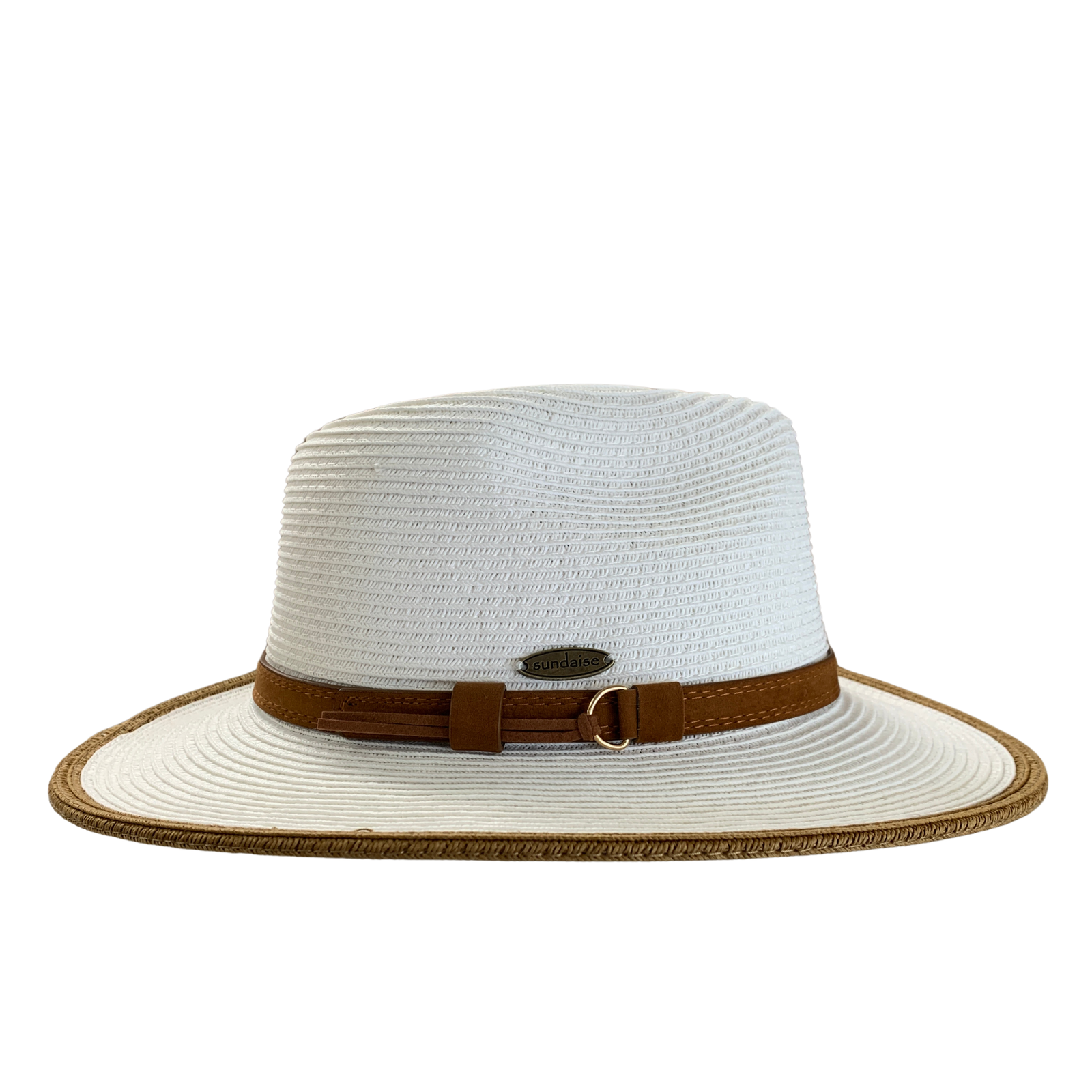 A white woven straw fedora hat with a brown leather band and a small gold-tone buckle, shown against a plain white background.