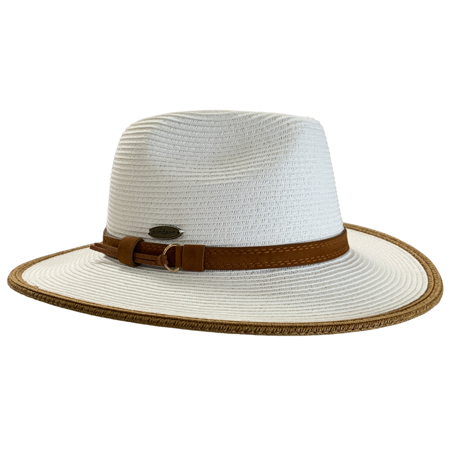 A white woven straw fedora hat with a brown leather band and a thin tan braided trim along the brim, shown against a plain white background.