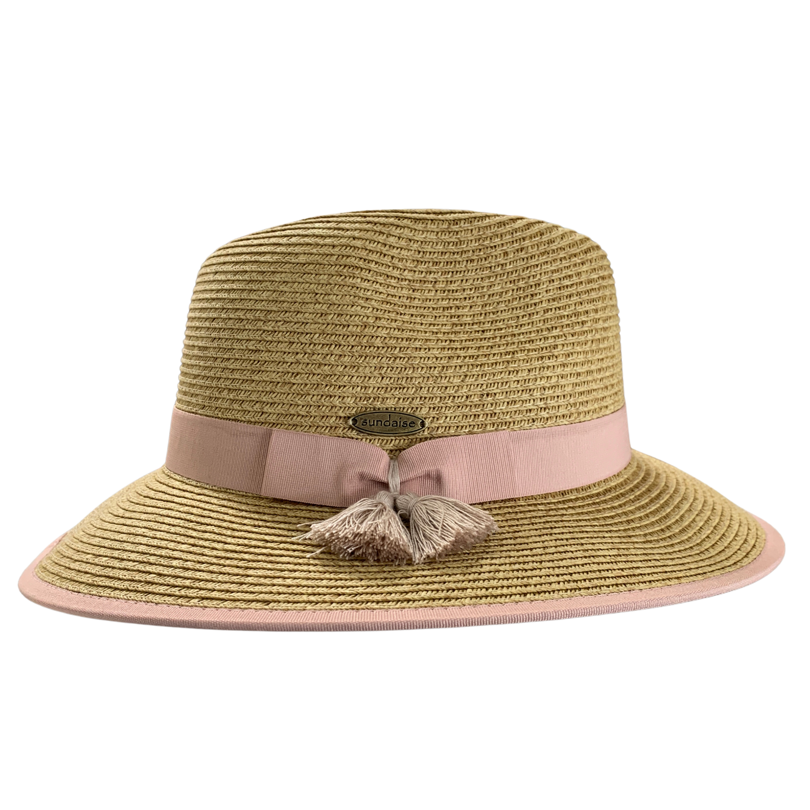 A woven straw sun hat in a light tan color with a wide pink ribbon band and a small tassel accent on the front, set against a plain white background.