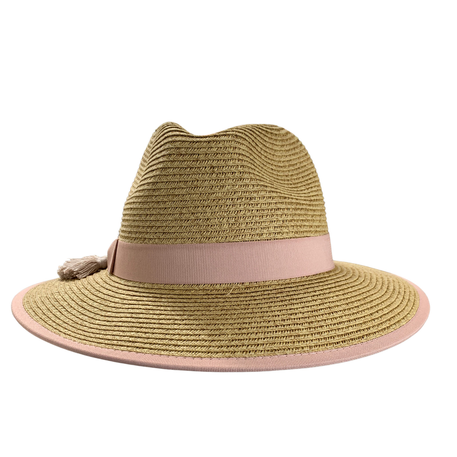 A woven straw fedora hat in a muted olive-tan color with a wide pink ribbon band and a small matching bow on the side, shown on a plain white background.
