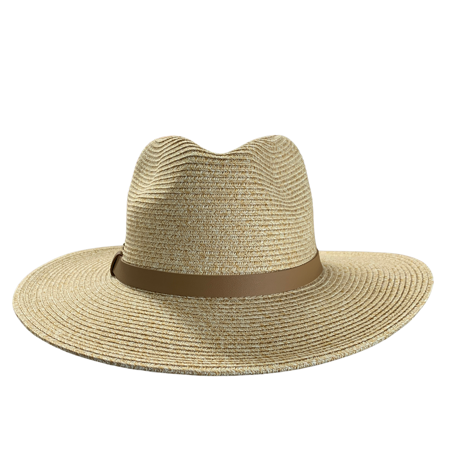 A woven straw fedora hat in a natural tan color with a brown band around the crown, shown against a plain white background.