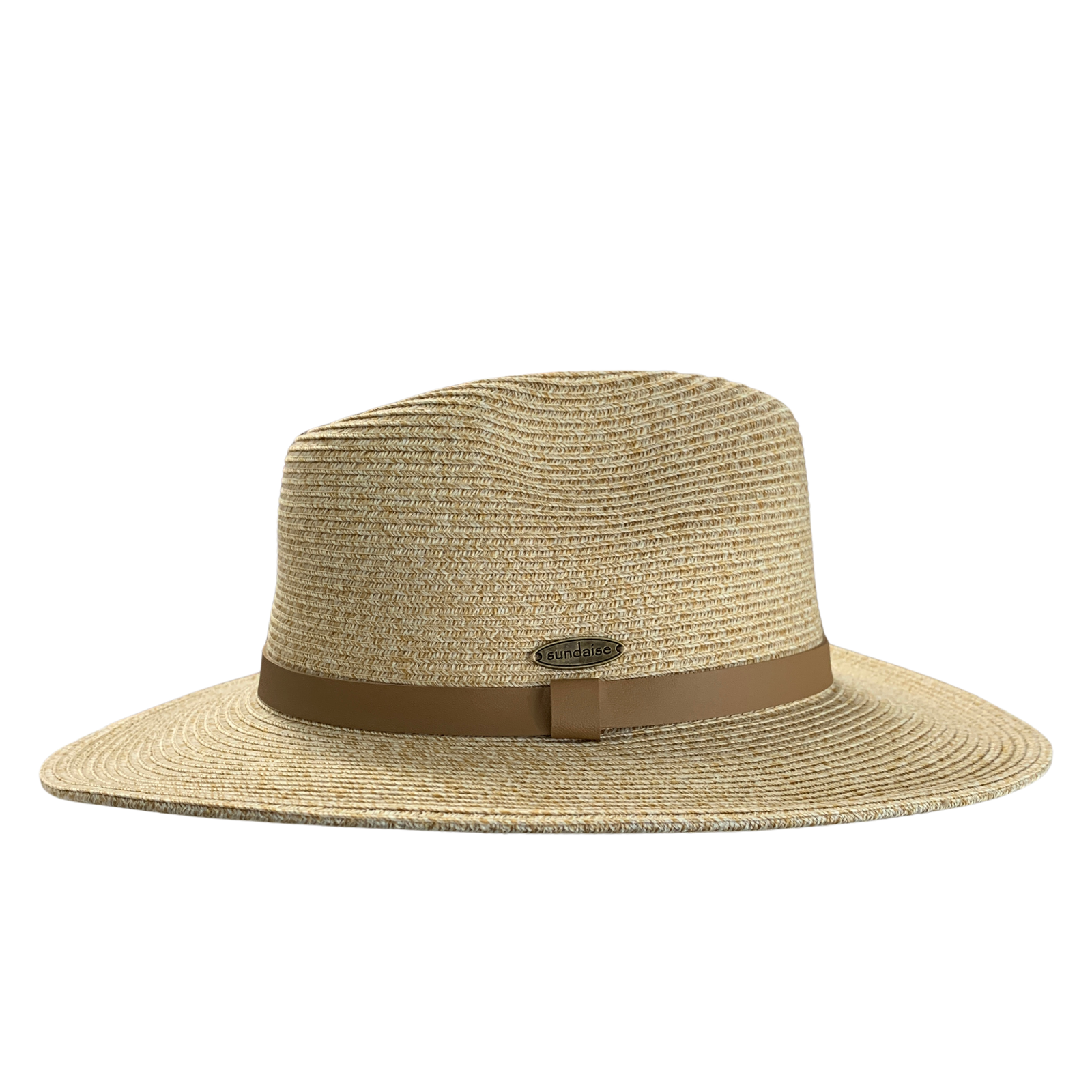 A woven straw fedora hat in a natural tan color, featuring a medium brown leather band with a small metal brand plaque, set against a plain white background.
