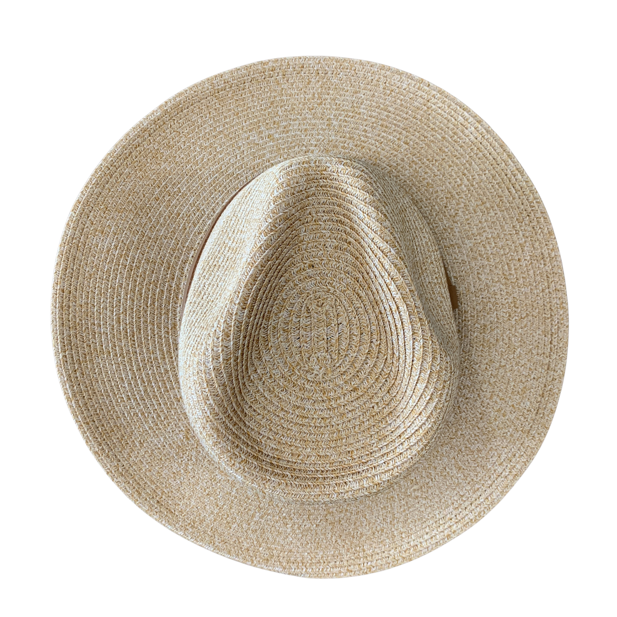 A light beige woven straw hat photographed from directly above on a plain white background.