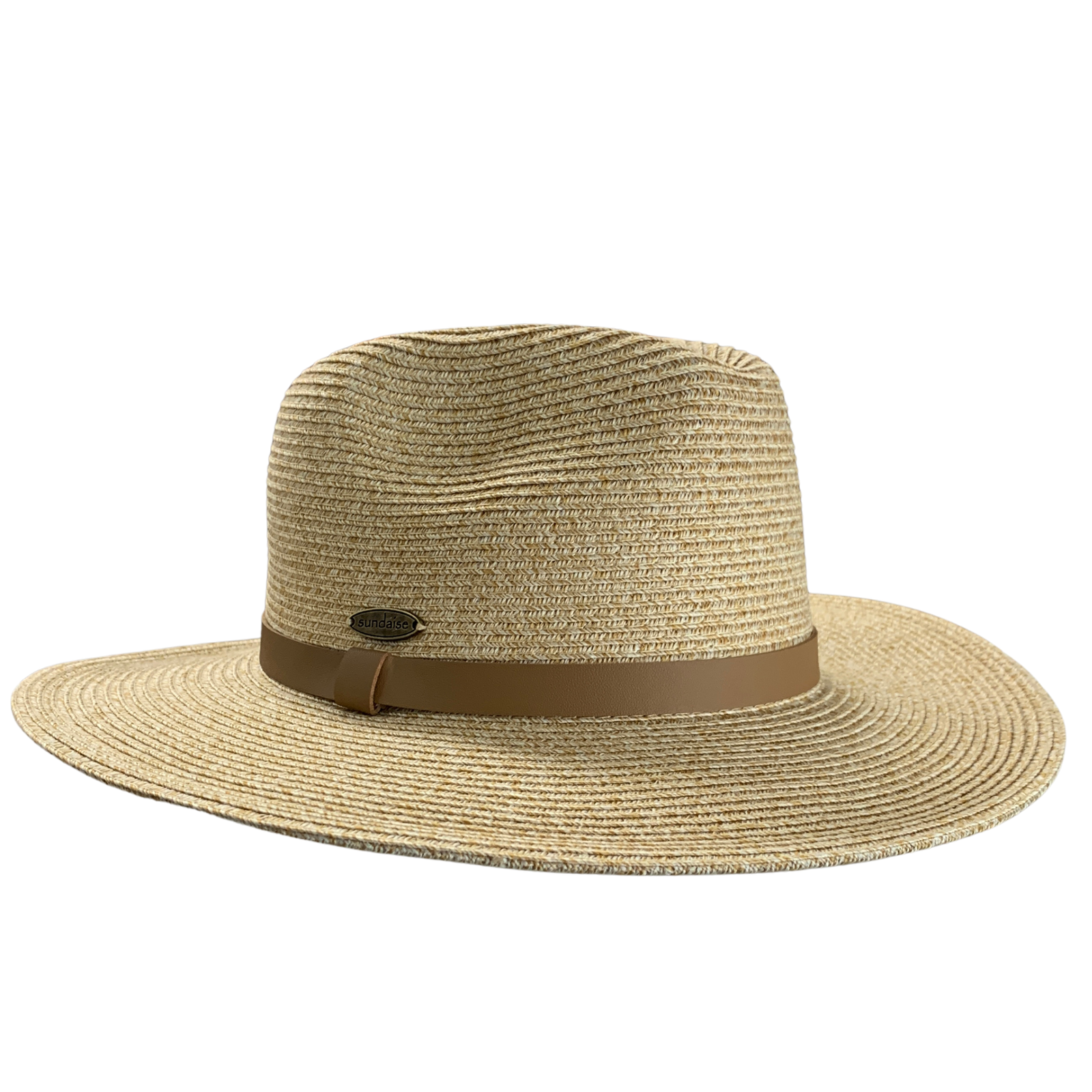 A woven straw fedora hat in a natural tan color with a brown band around the crown, shown against a plain white background.