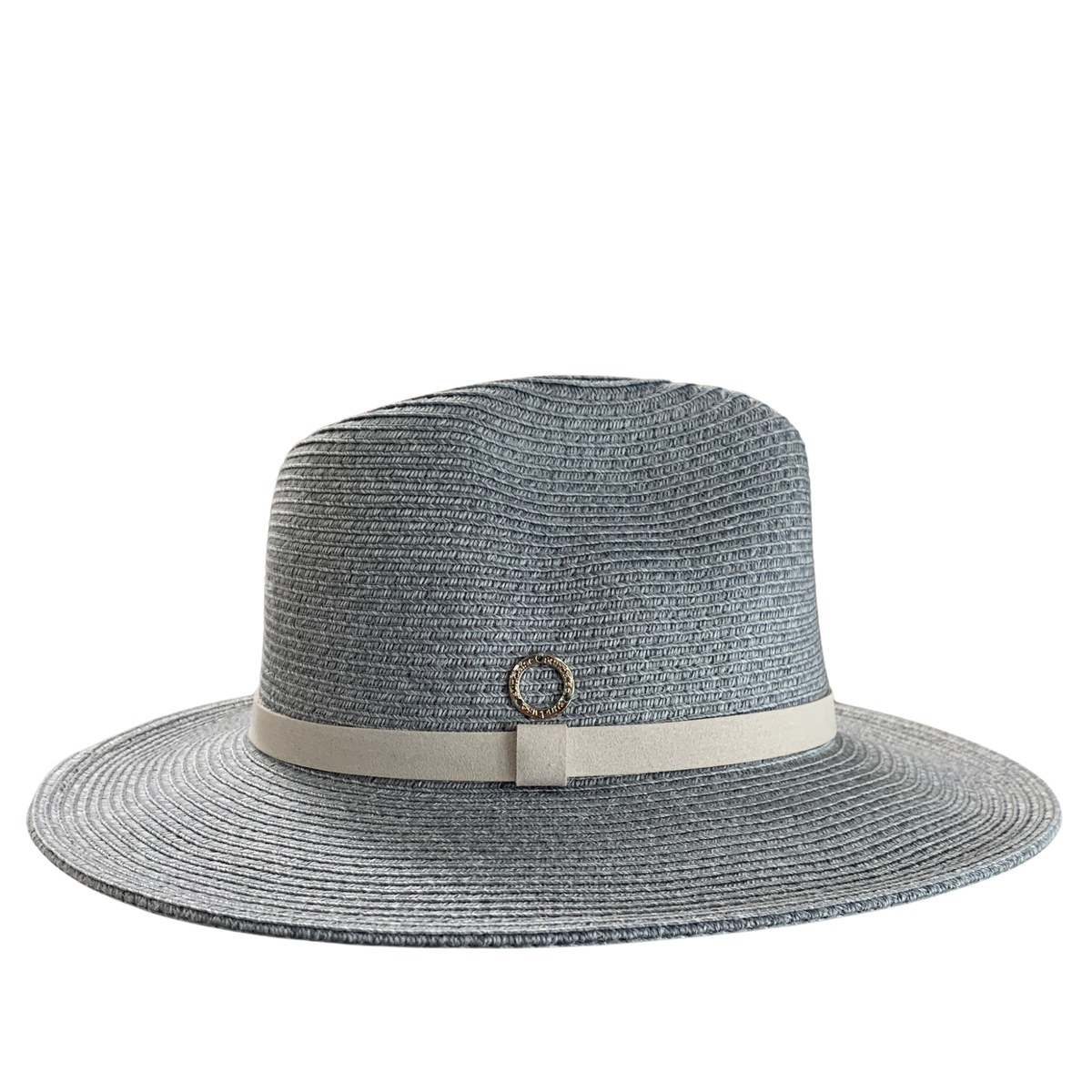 A gray woven sun hat with a light beige band and a small gold-tone ring detail on the front, shown against a plain white background.