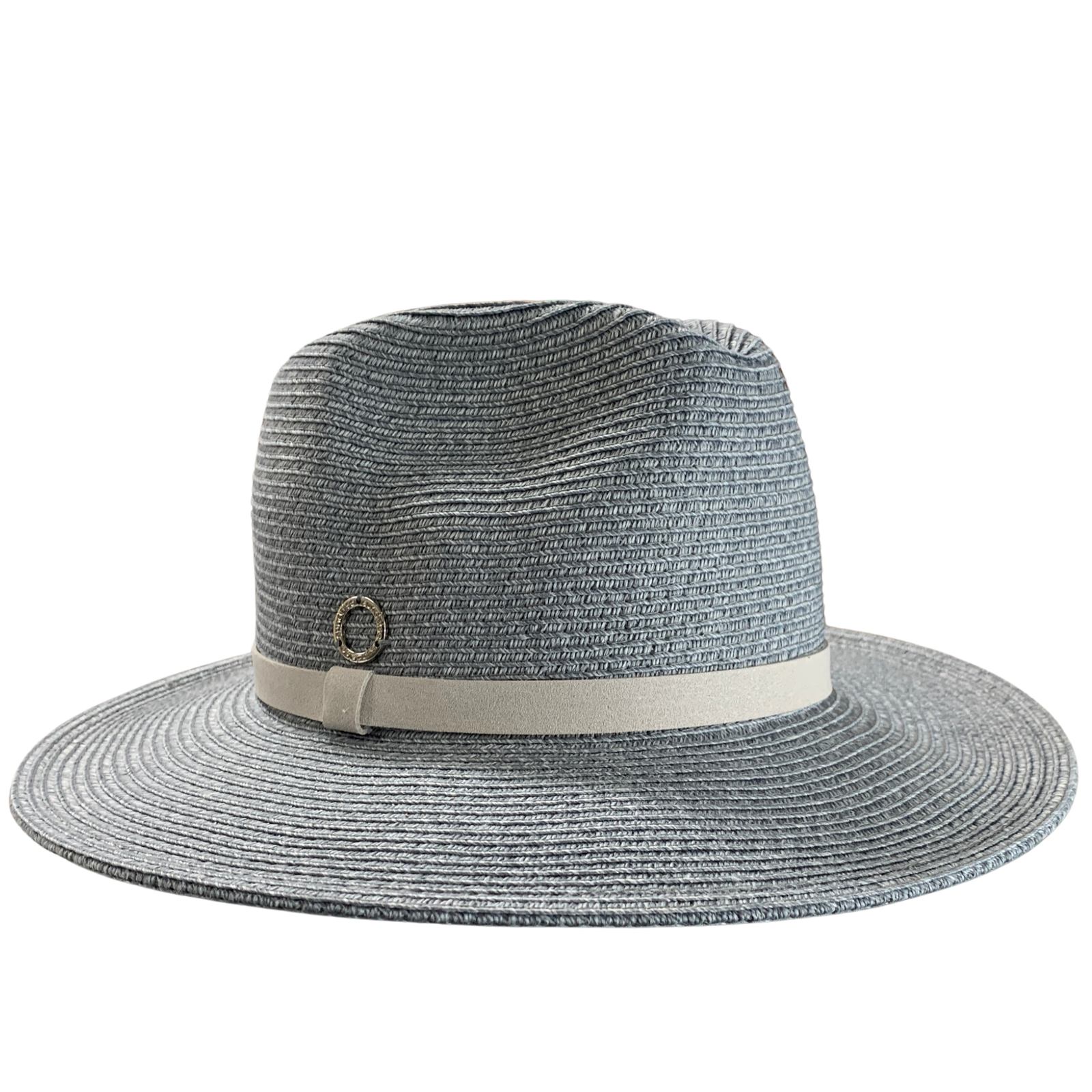 A structured woven hat with a wide brim, featuring a textured gray and white pattern, a light beige band, and a small gold-tone circular accent on the side.