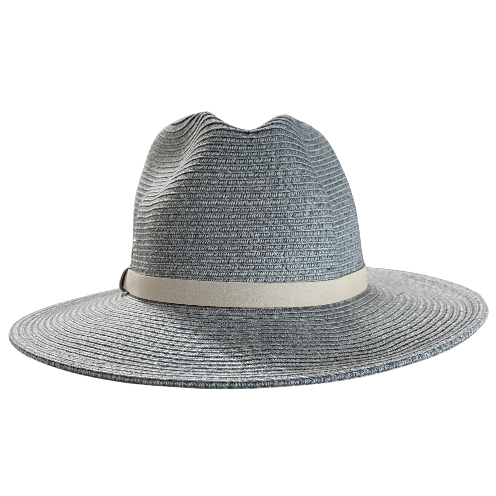 A woven fedora-style hat in a heathered gray and white textured material, featuring a light beige band around the crown, shown against a plain white background.