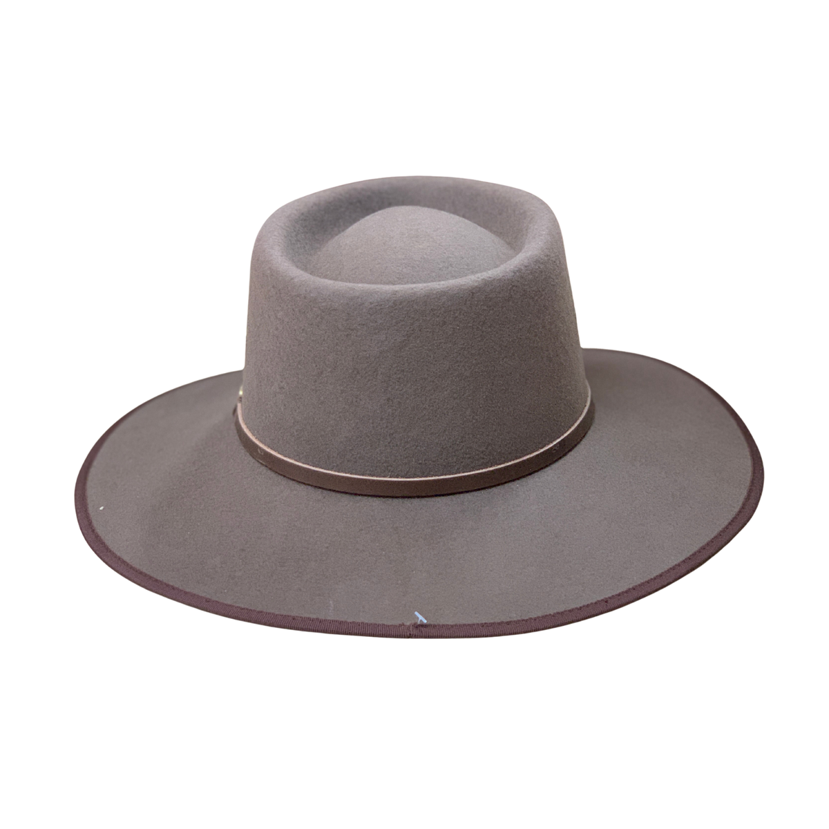 A wide-brimmed felt hat in taupe gray with a dark brown band around the crown, shown from a side angle on a plain white background.