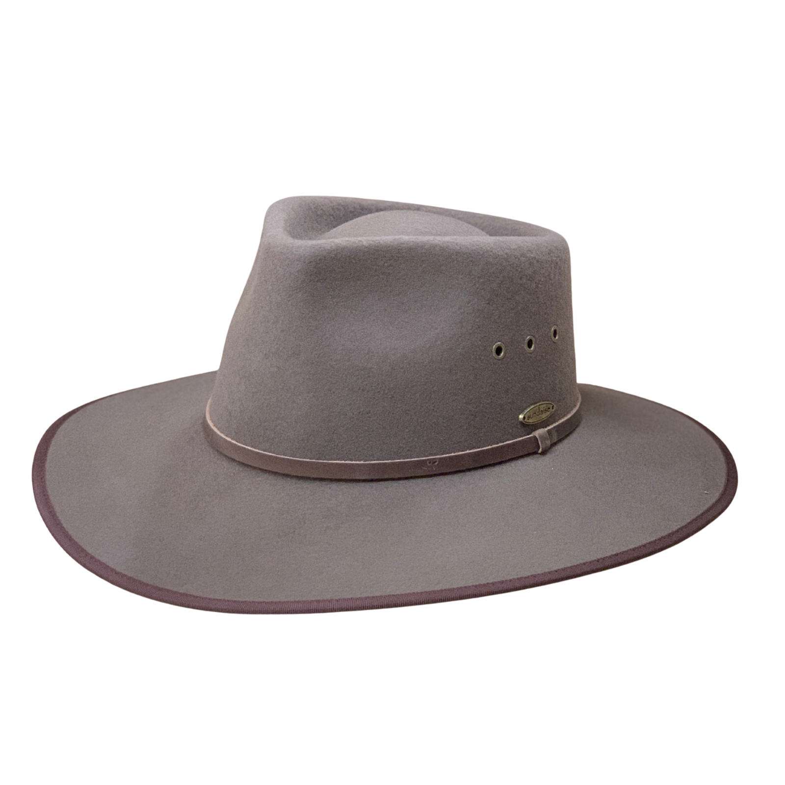 A wide-brimmed felt hat in a muted taupe-gray color, featuring a brown leather band and a small brass logo badge on the side, set against a plain white background.