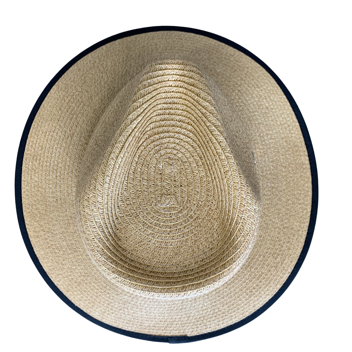 Top-down view of a natural straw fedora hat with a black fabric trim along the brim edge, set against a plain white background.