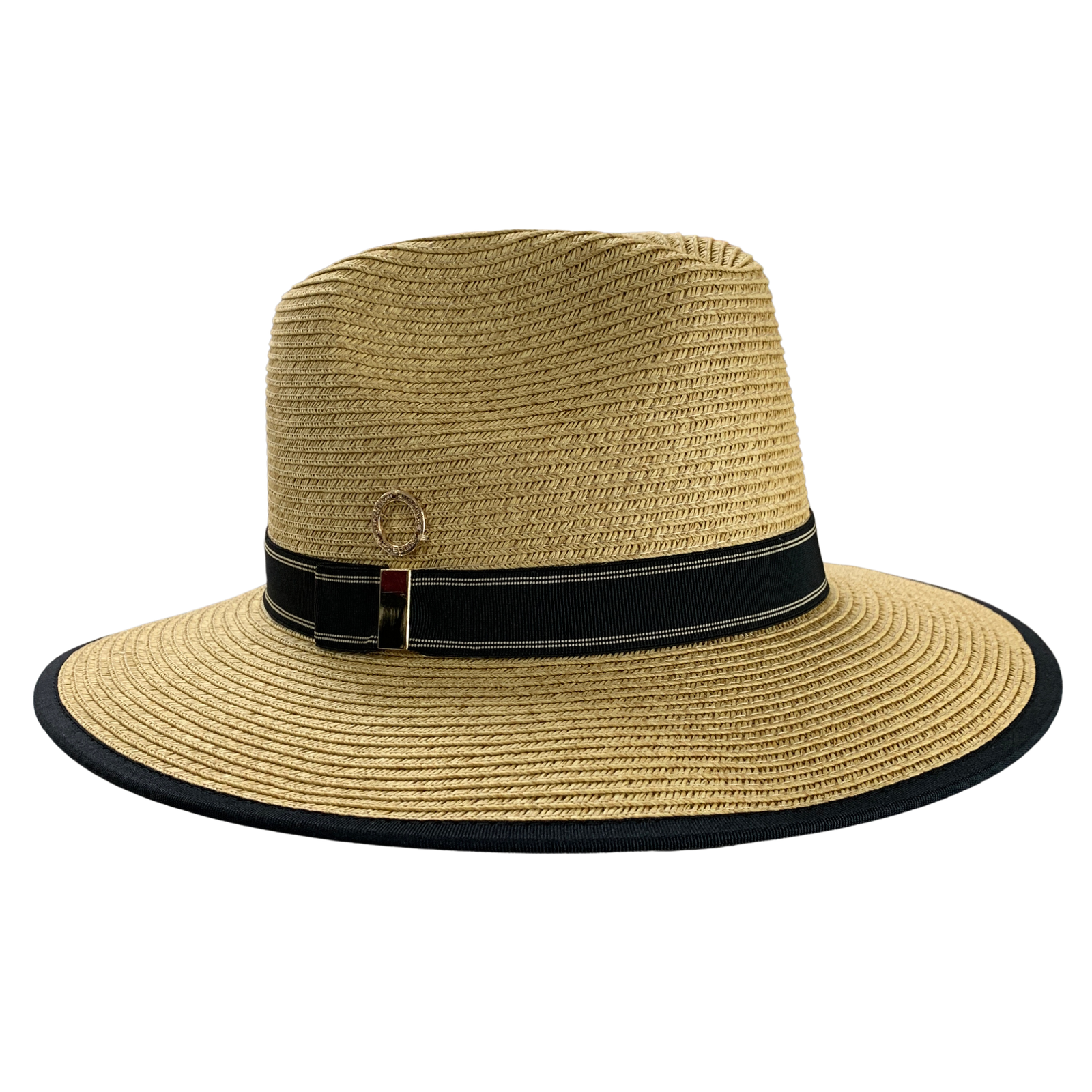 A natural straw fedora hat with a black band and a small gold-tone decorative ring on the front, shown against a plain white background.