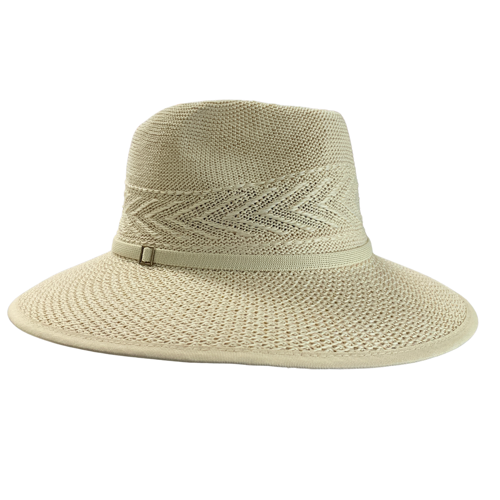 A light beige woven sun hat with a wide brim, a matching band, and a small gold buckle, shown against a plain white background.