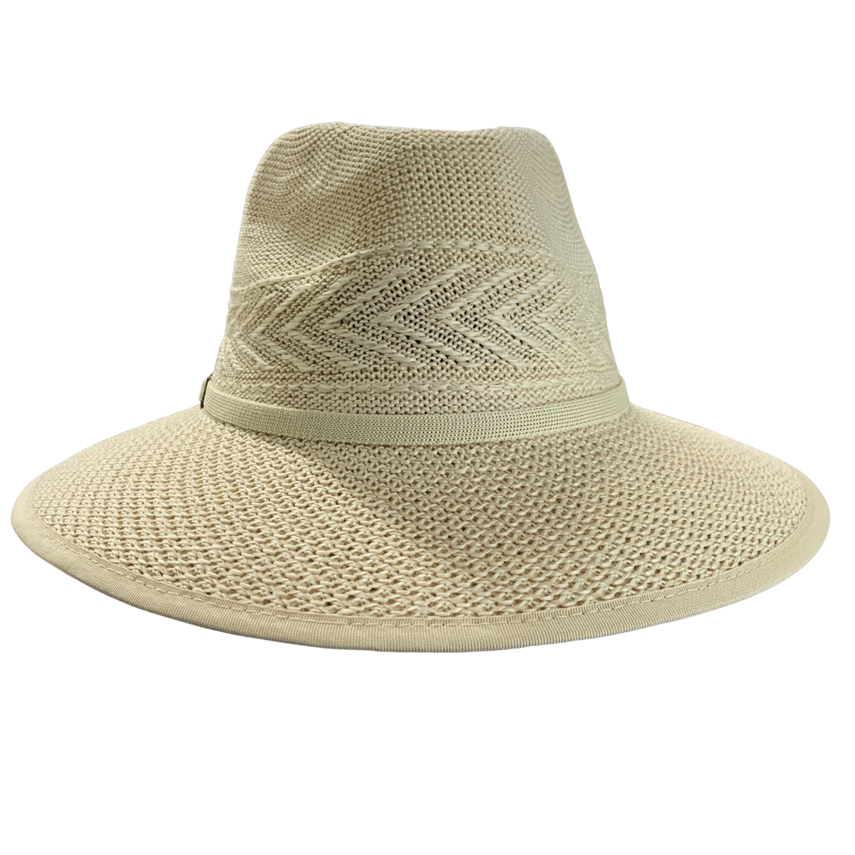 A light beige woven sun hat with a wide brim, a matching fabric band, and a textured chevron pattern on the crown, shown against a plain white background.