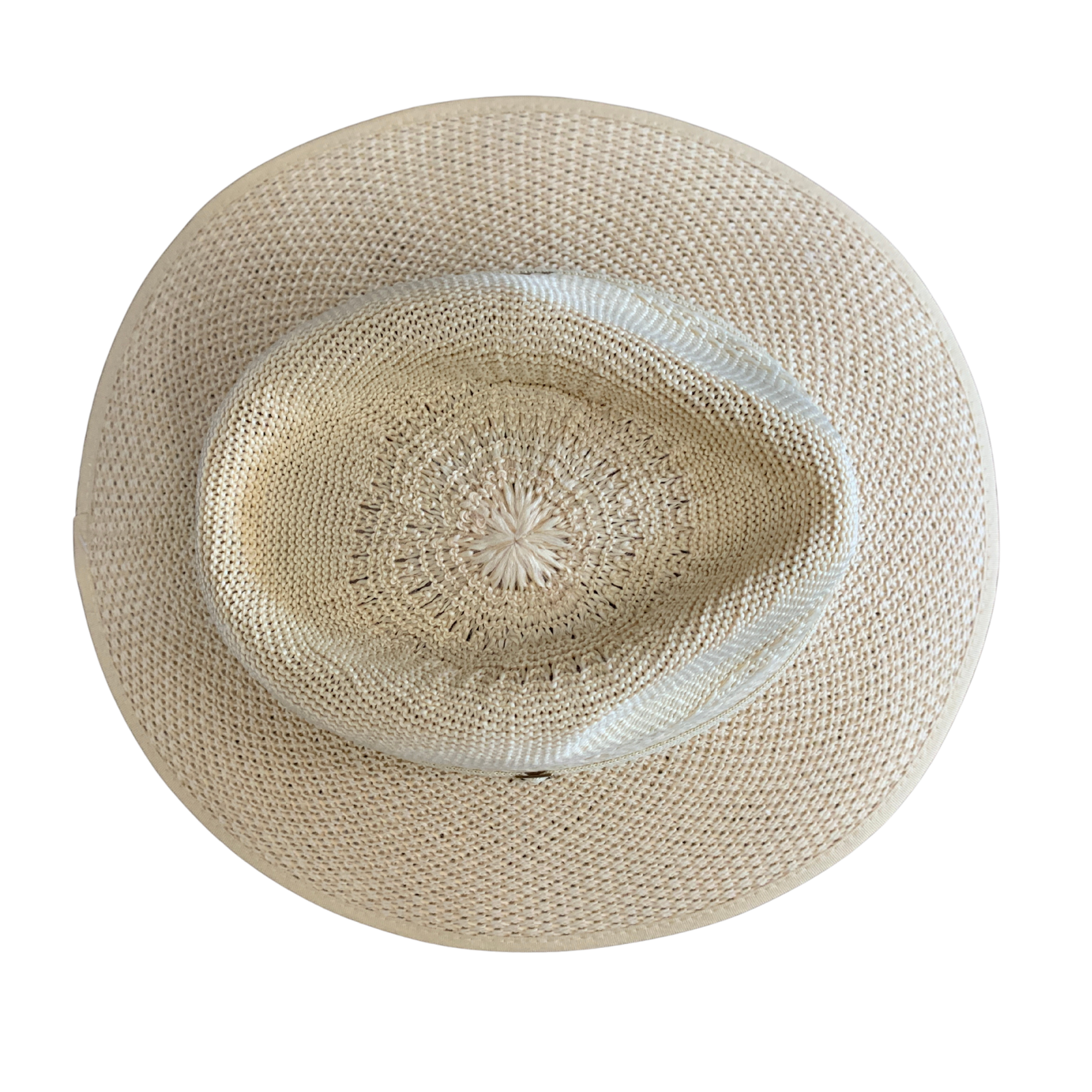 A top-down view of a woven straw cowboy hat in a light beige color, displayed on a solid white background.