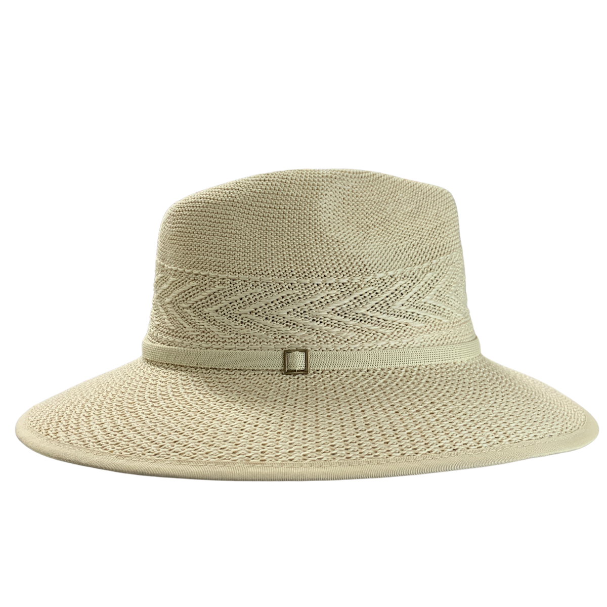A light beige woven sun hat with a wide brim, a textured chevron pattern on the crown, and a matching band with a small square metal accent, shown against a plain white background.
