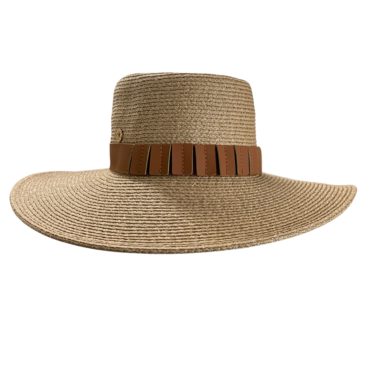 A wide-brimmed straw hat in a natural tan color, featuring a brown leather-like band with vertical tabs around the crown, shown against a plain white background.