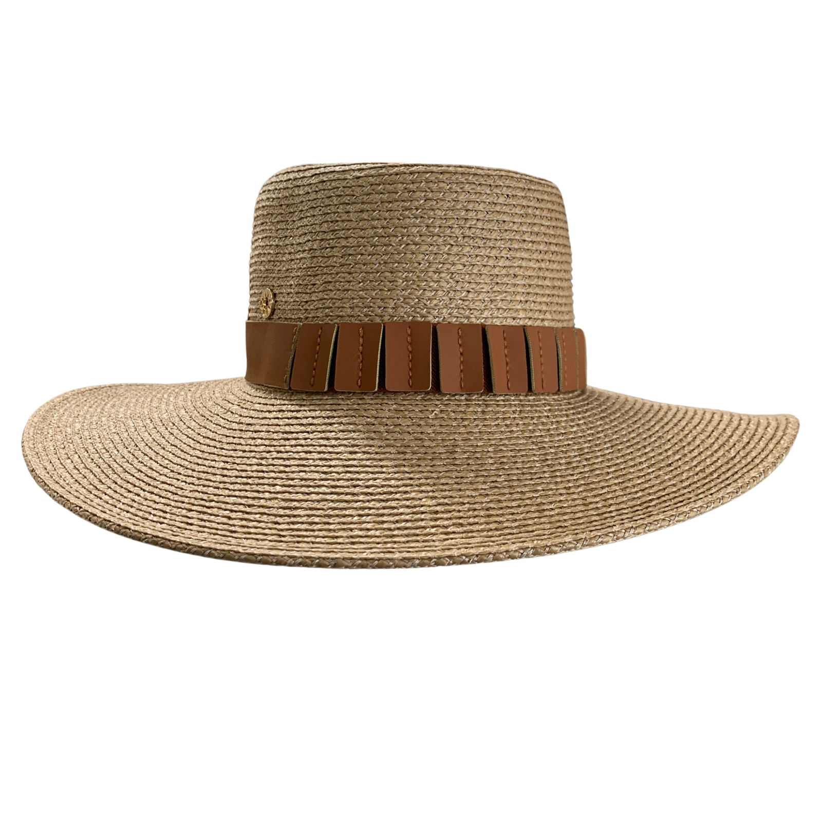 A natural woven straw sun hat with a wide brim and a brown leather band featuring fringe details, shown on a plain white background.