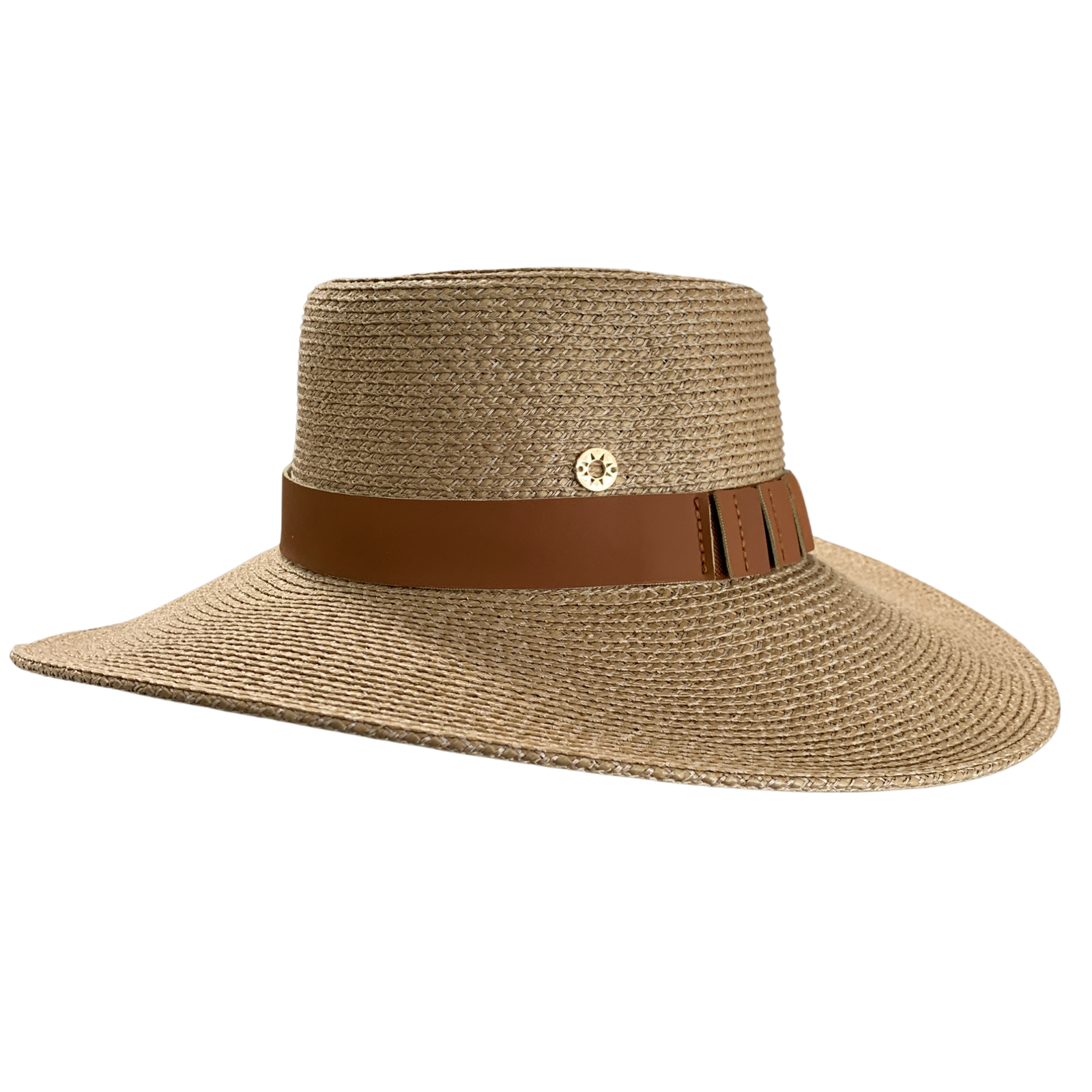 A woven straw sun hat in a light tan color with a brown band and a small gold-tone decorative button on the front, shown against a plain white background.