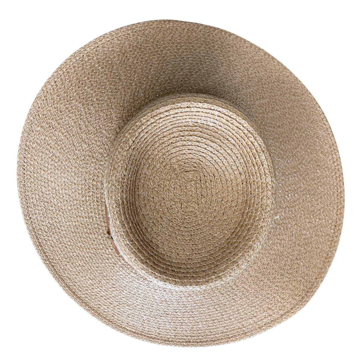 A natural straw sun hat with a wide brim, photographed from directly above on a solid white background.