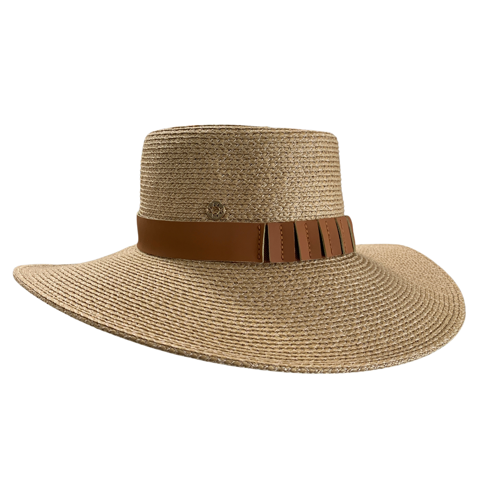 A natural woven straw sun hat with a wide brim and a brown leather band featuring fringe details, shown on a plain white background.