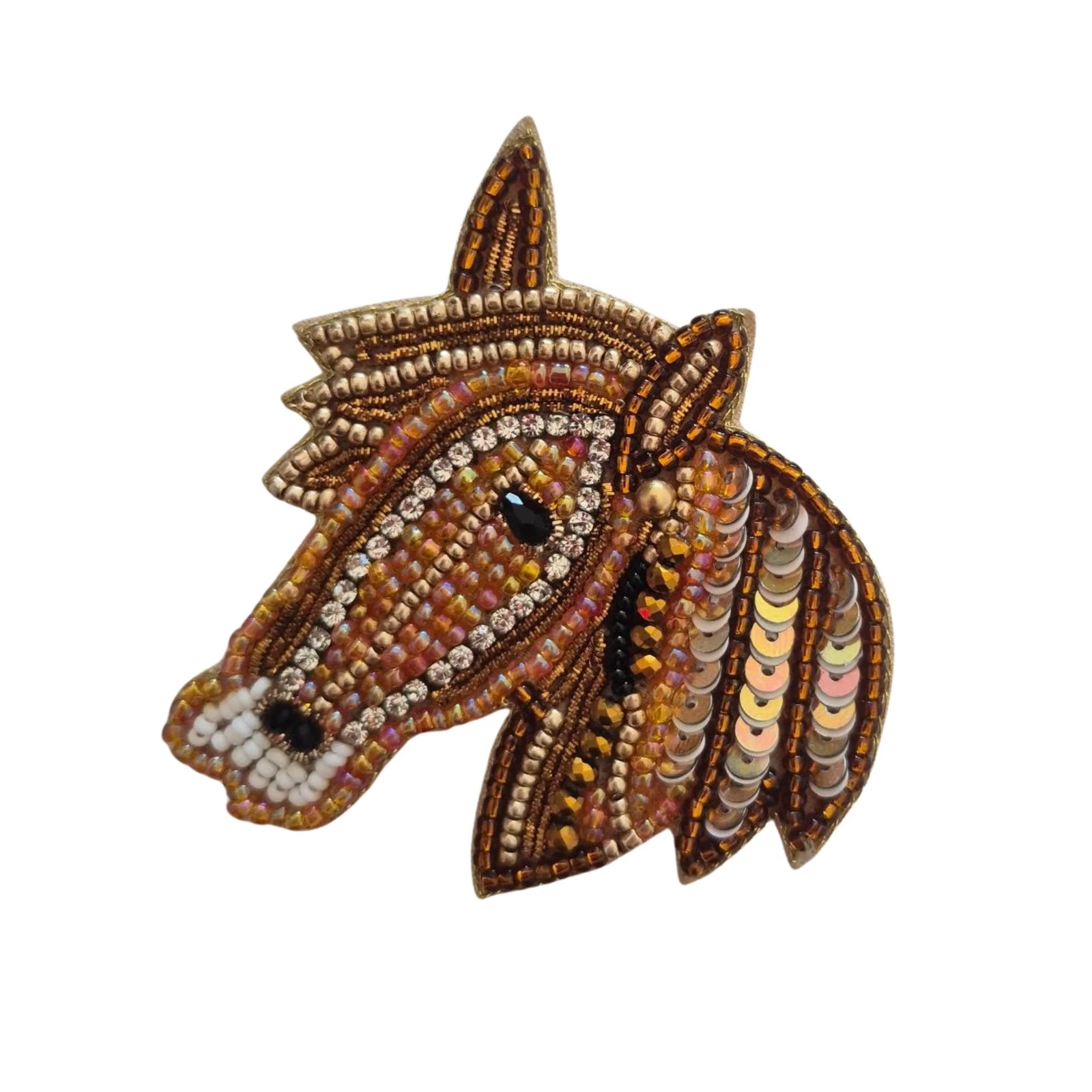 Decorative horse head with beadwork on a white background