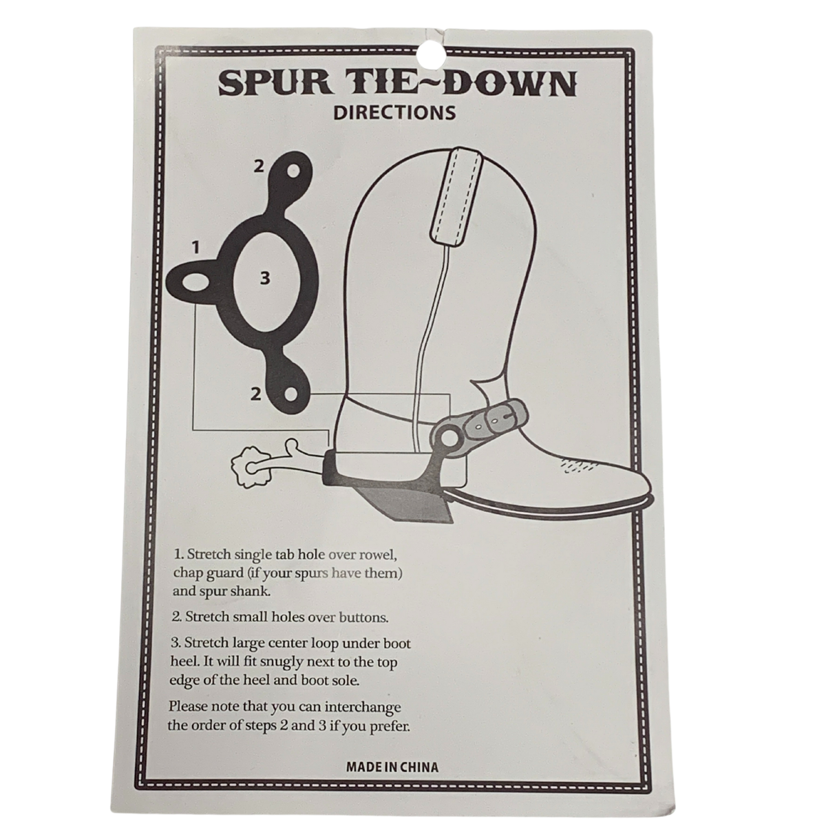 Ezy Ride Spur Tie Downs Pair. Spur tie-down directions card with diagram and text on a white background