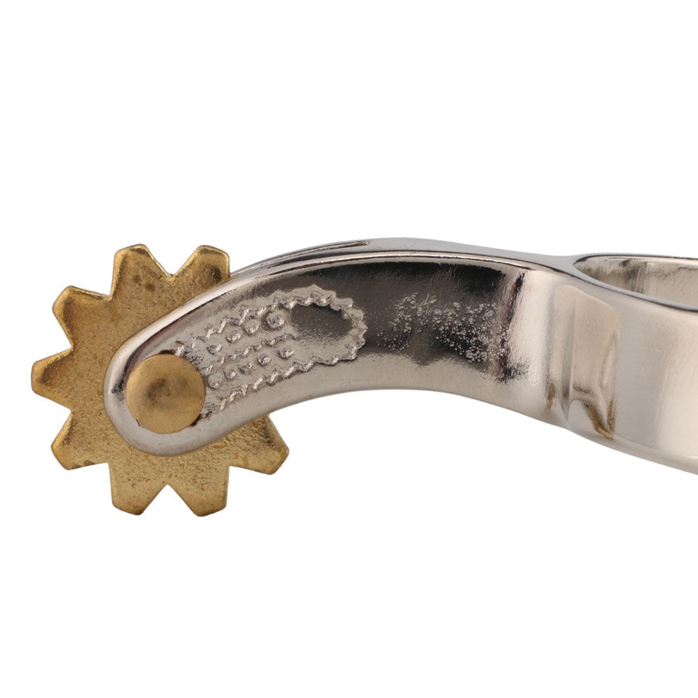 Youth Western Spurs. A silver-colored youth Western spur with a gold-toned rowel and engraved details.