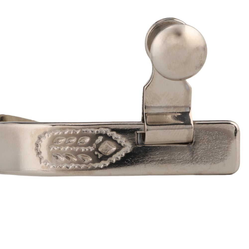 Youth Western Spurs. A silver-colored youth Western spur with a gold-toned rowel and engraved details.