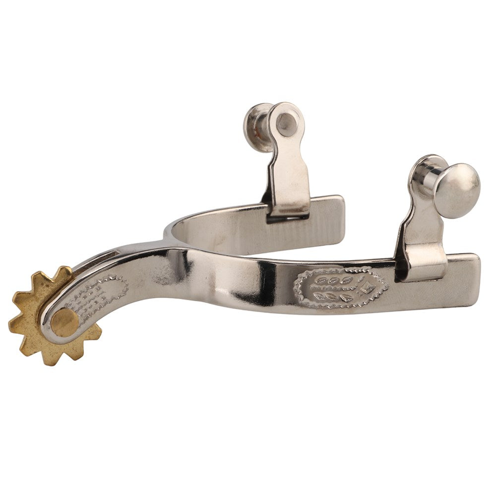 Youth Western Spurs. A silver-colored youth Western spur with a gold-toned rowel and engraved details.