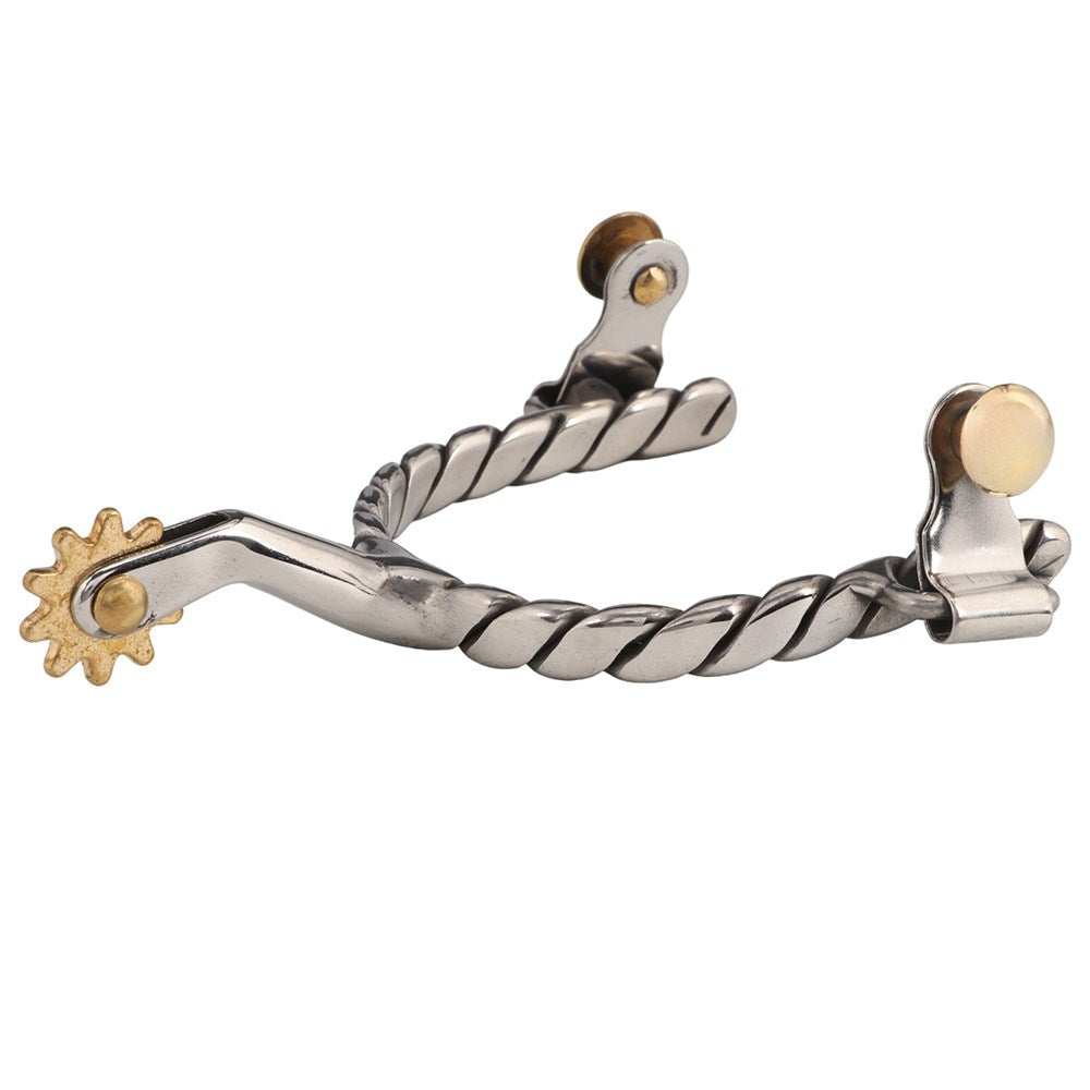 A pair of Twisted Band Ladies Western Spurs with stainless steel bands and brass rowels.