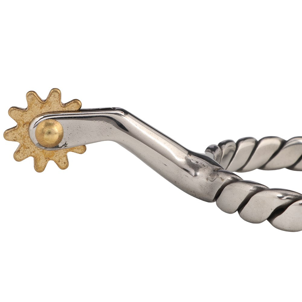A pair of Twisted Band Ladies Western Spurs with stainless steel bands and brass rowels.