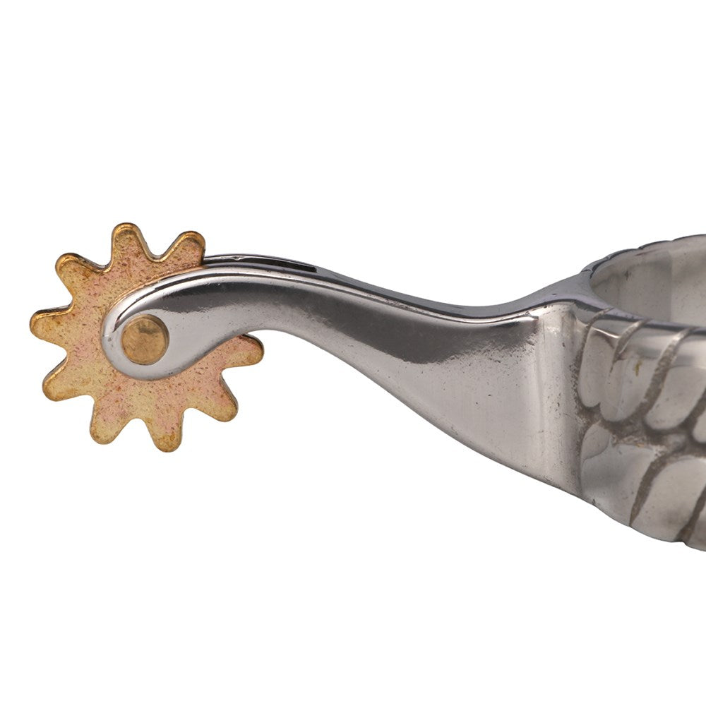 Double Twisted Band Spurs. Silver spur with gold accents on a white background