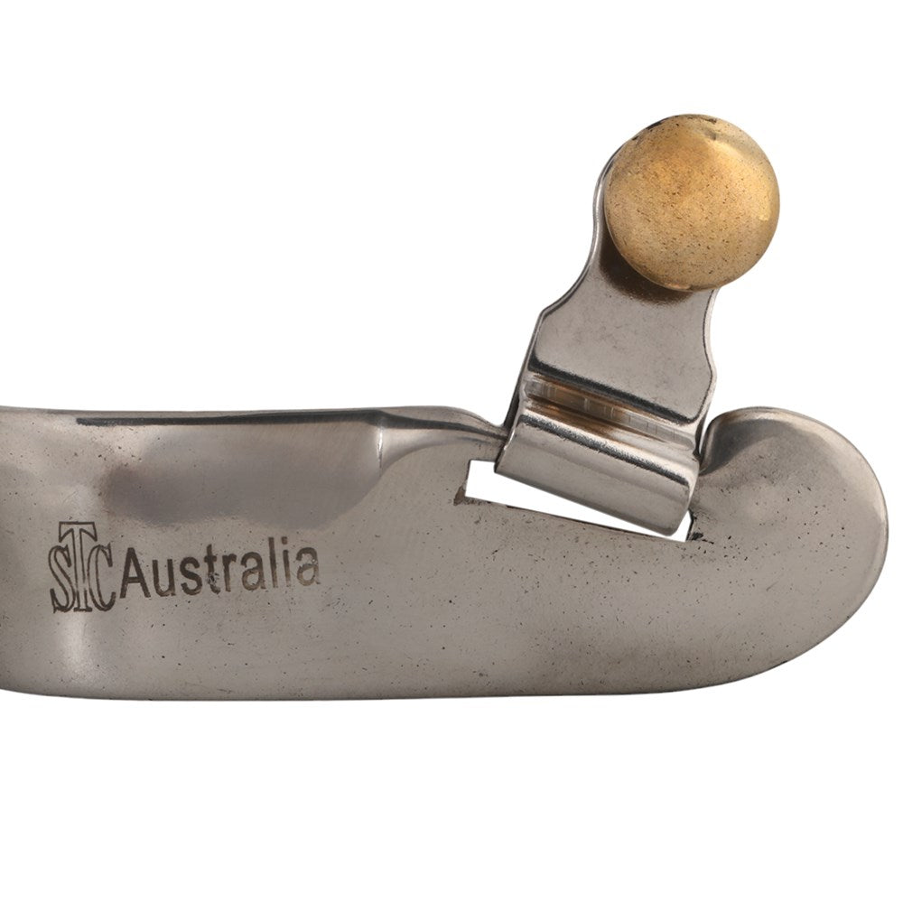 A close-up of a silver-toned metal tie clip with a round gold-toned ball at the top and 'sTC Australia' engraved on the side, set against a plain white background.