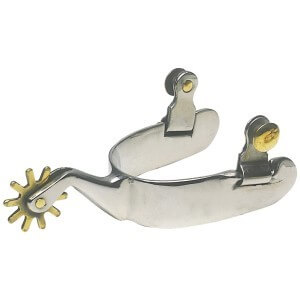 Youth Cutter Spurs. A pair of silver-colored metal spurs with gold-colored accents, designed for young riders.