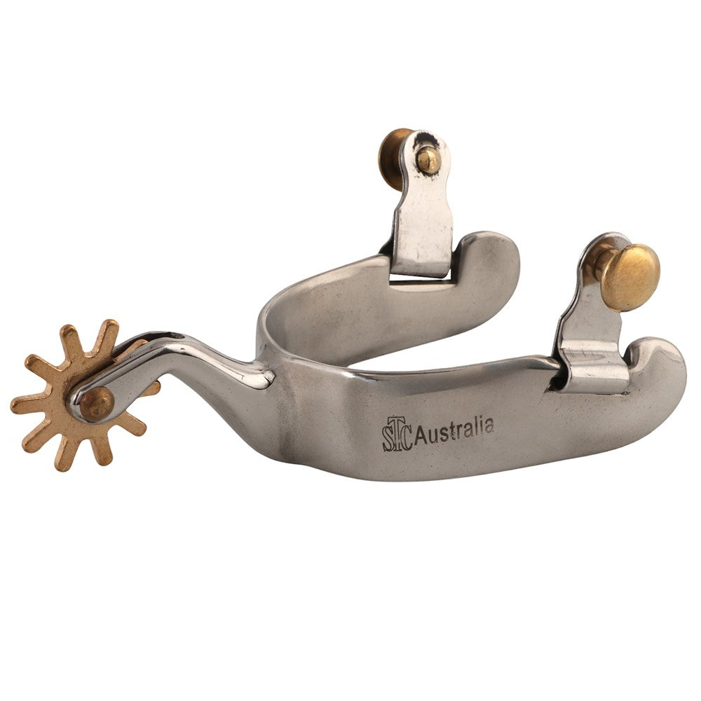 A stainless steel cowboy spur with gold-toned brass accents, including a star-shaped spur wheel and snap buttons, featuring the 'SPR Australia' logo engraved on the metal bar, set against a plain white background.