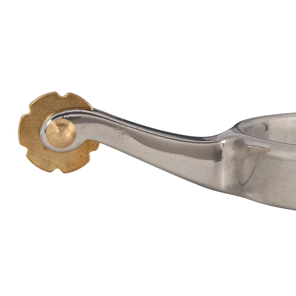 Pro-Roper Spurs. Metallic spork with gold handle on a white background