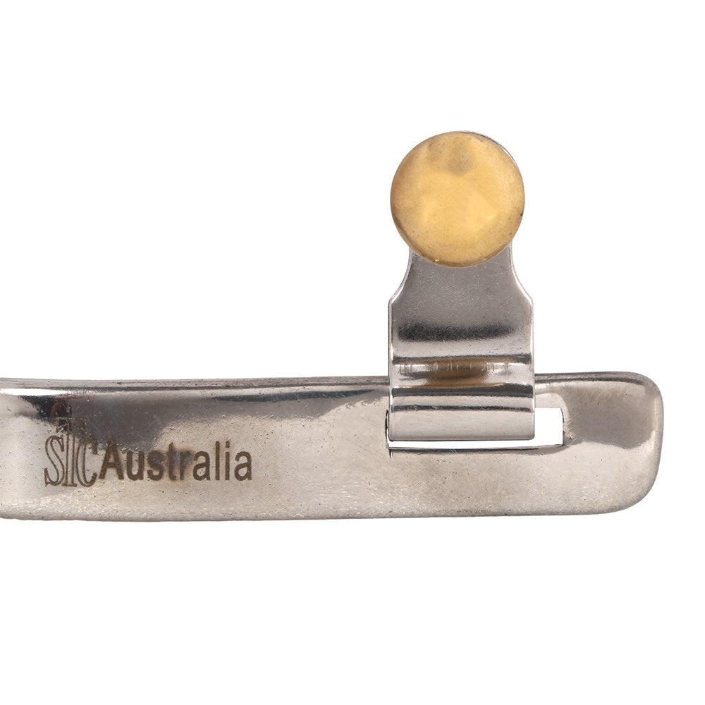 Pro-Roper Spurs. Metallic clip with a yellow ball on a white background, featuring 'SIC Australia' branding.