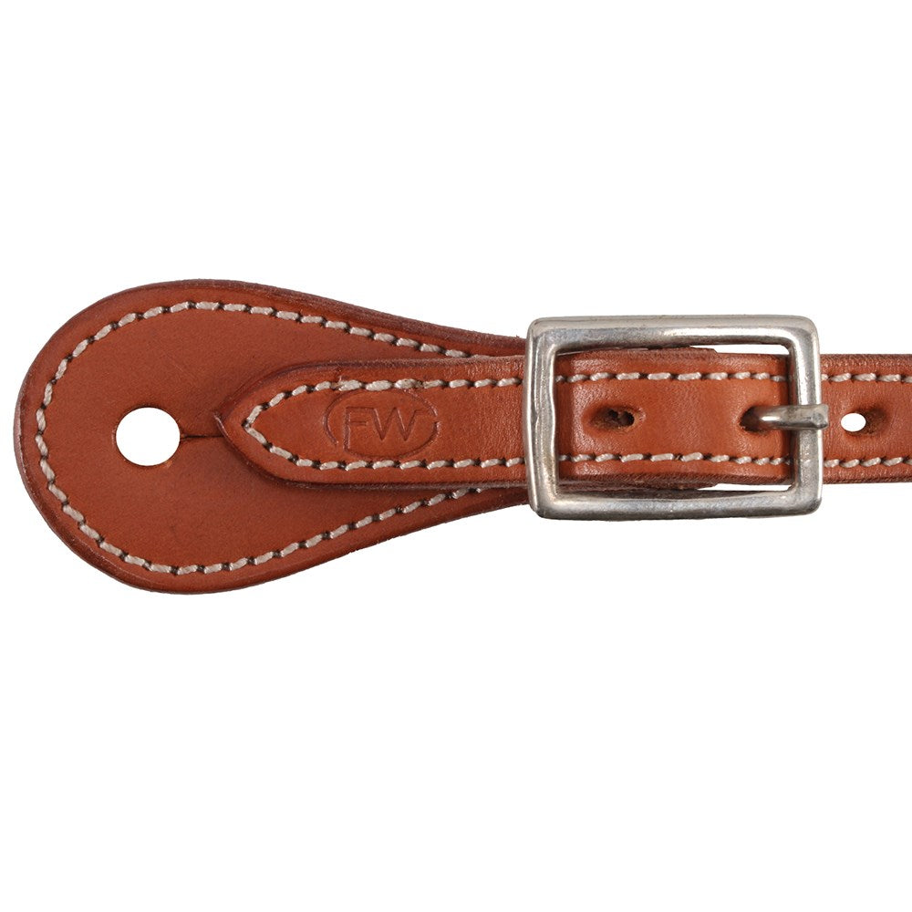 Fort Worth Western Spur Straps. Pair of brown leather straps with silver buckles on a white background