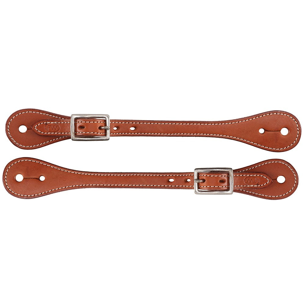Fort Worth Western Spur Straps. Pair of brown leather straps with silver buckles on a white background