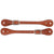 Fort Worth Western Spur Straps. Pair of brown leather straps with silver buckles on a white background