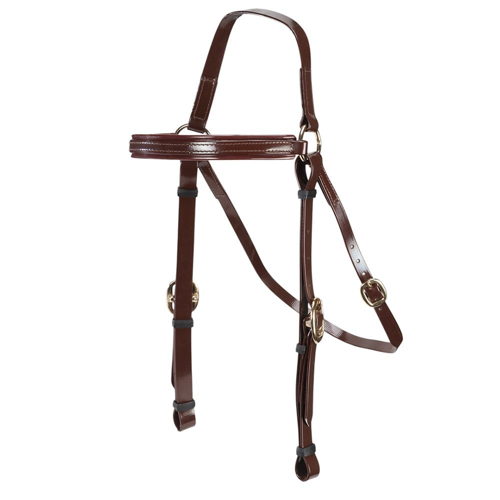 Horsemaster 3/4" PVC Barcoo Bridle. Two PVC Barcoo Bridles, one brown and one black, with gold-colored hardware, displayed against a white background.
