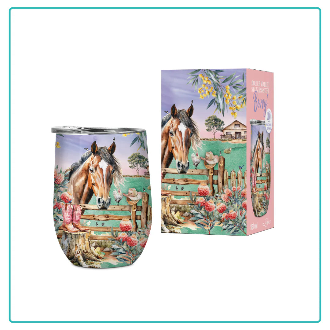 Lisa Pollock Country Dusk Bevvy. Tumbler with horse design and matching packaging on a white background