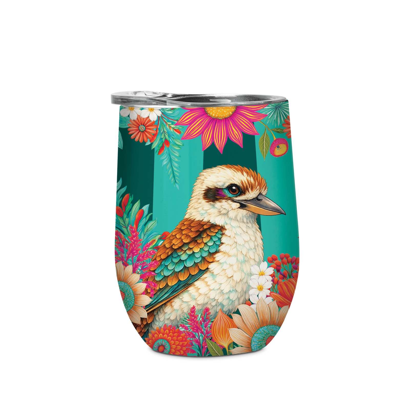 A stemless wine tumbler with a silver metal rim, featuring a vibrant graphic print of a kookaburra surrounded by tropical flowers and green foliage on a teal background.