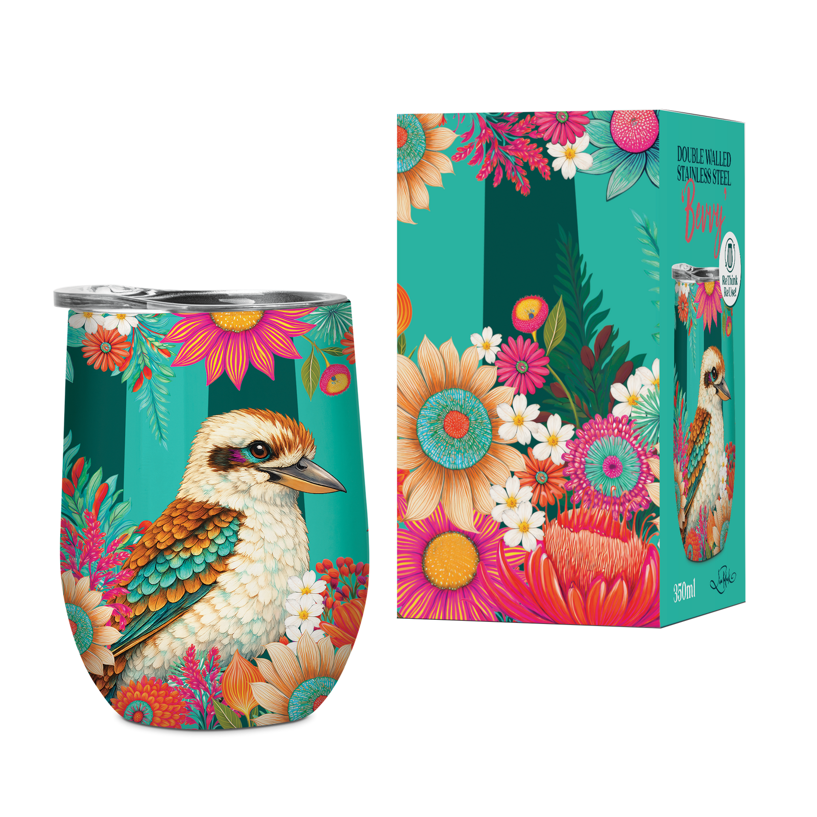 A stemless wine tumbler with a silver metal rim, featuring a vibrant graphic print of a kookaburra surrounded by tropical flowers and green foliage on a teal background.