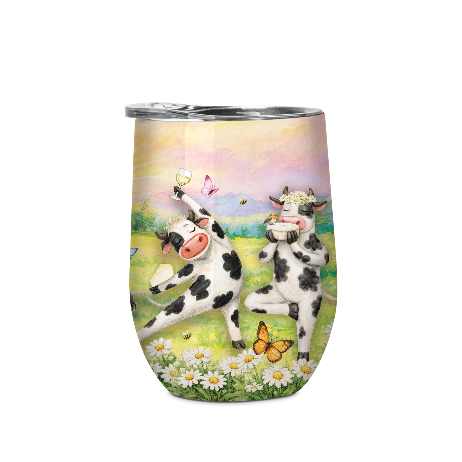 A stainless steel stemless wine tumbler with a clear lid, featuring a whimsical illustration of two cows dancing in a field of white daisies under a pastel sky.