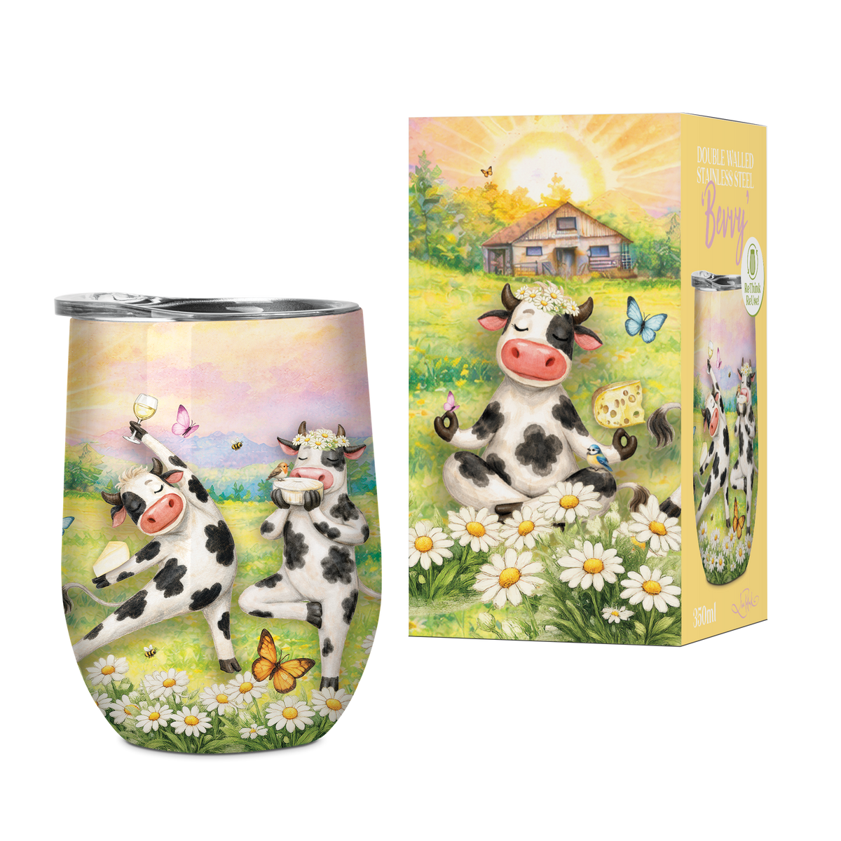 A 32 oz stemless insulated tumbler with a stainless steel rim, featuring a whimsical cartoon cow illustration, shown alongside its matching illustrated packaging box on a white background.