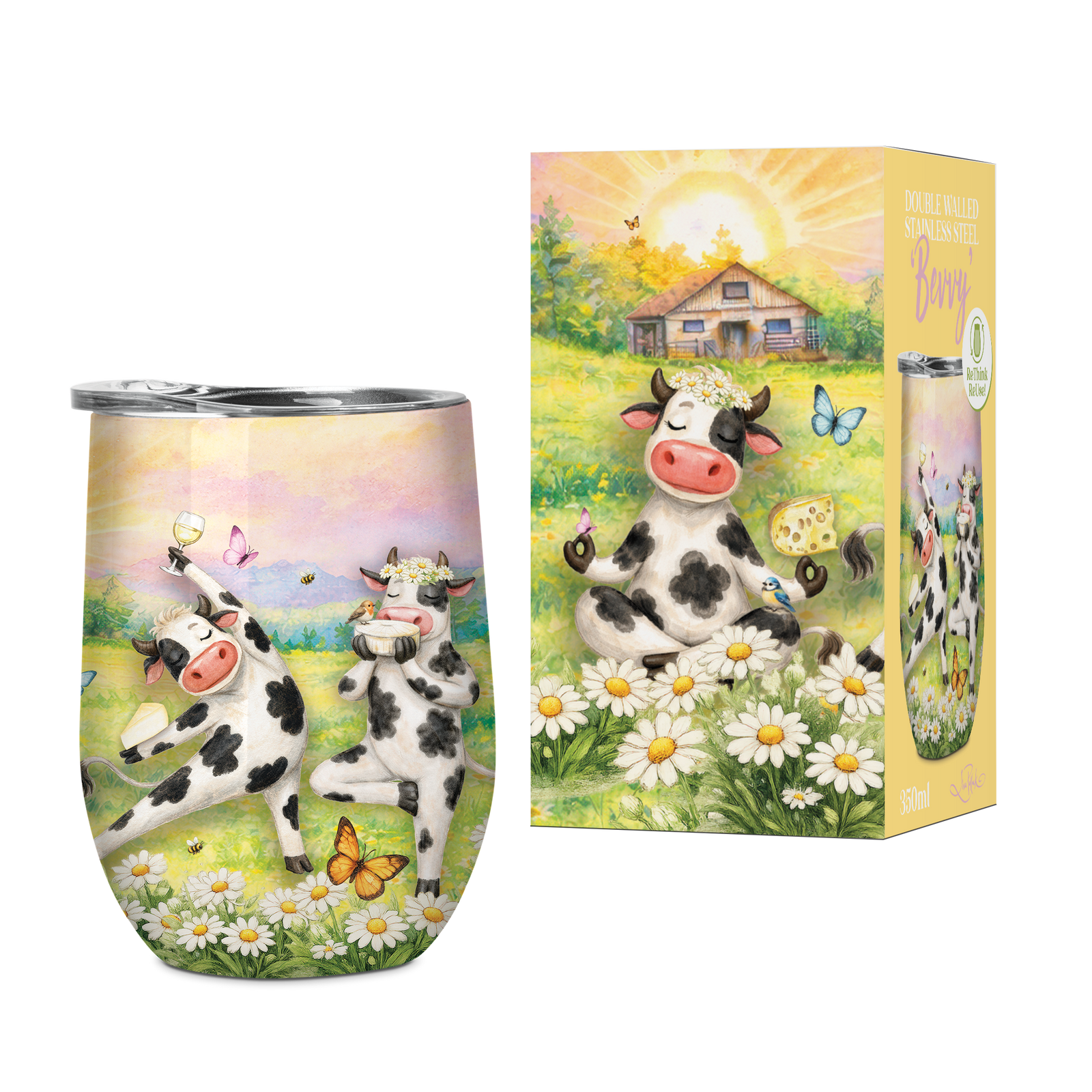 A stainless steel stemless wine tumbler with a clear lid, featuring a whimsical illustration of two cows dancing in a field of white daisies under a pastel sky.