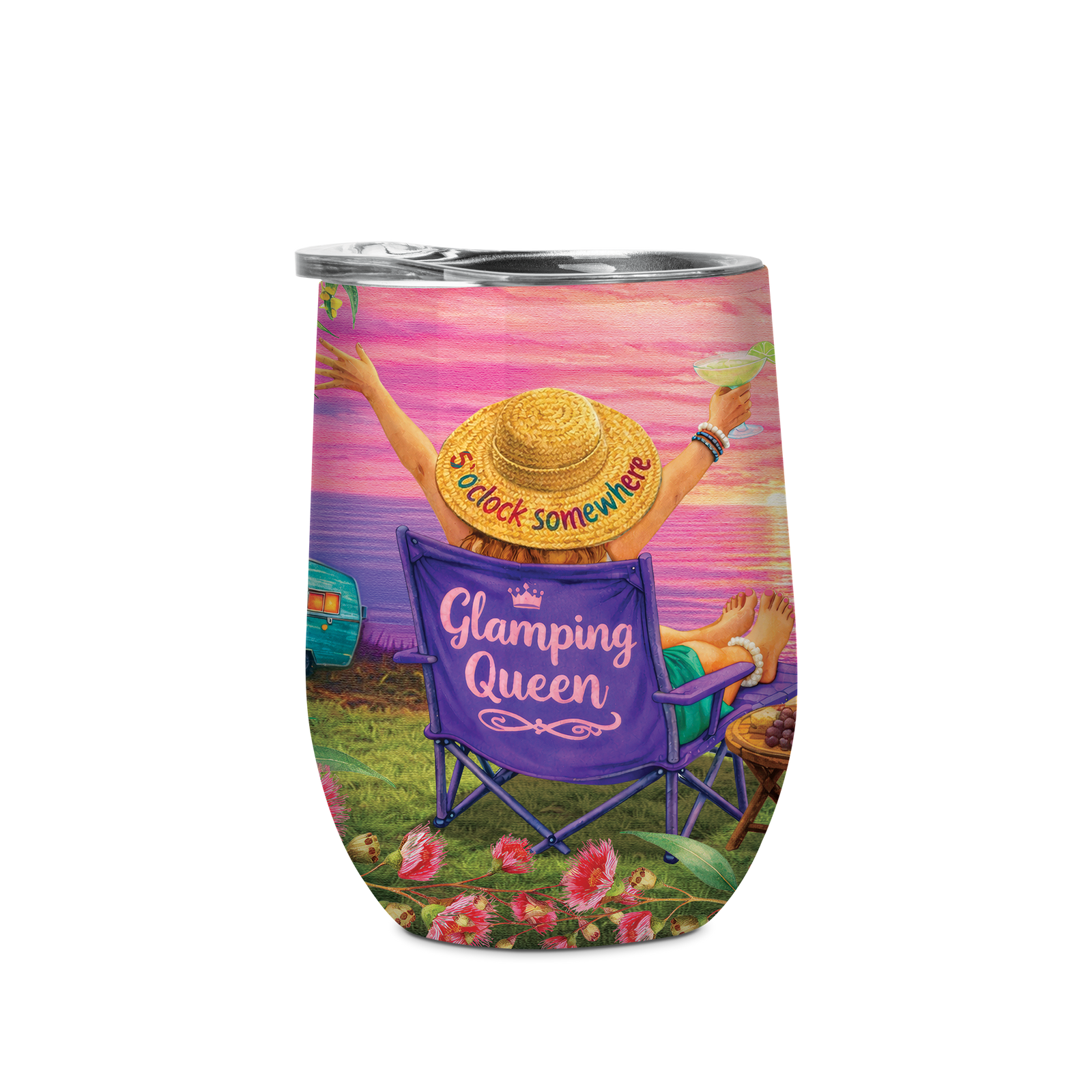 A stainless steel stemless wine tumbler with a colorful wrap-around graphic print. The design shows a person from behind wearing a straw sombrero that says 'So long somewhere' while sitting in a purple folding chair with 'Glamping Queen' written on it, set against a sunset beach scene.