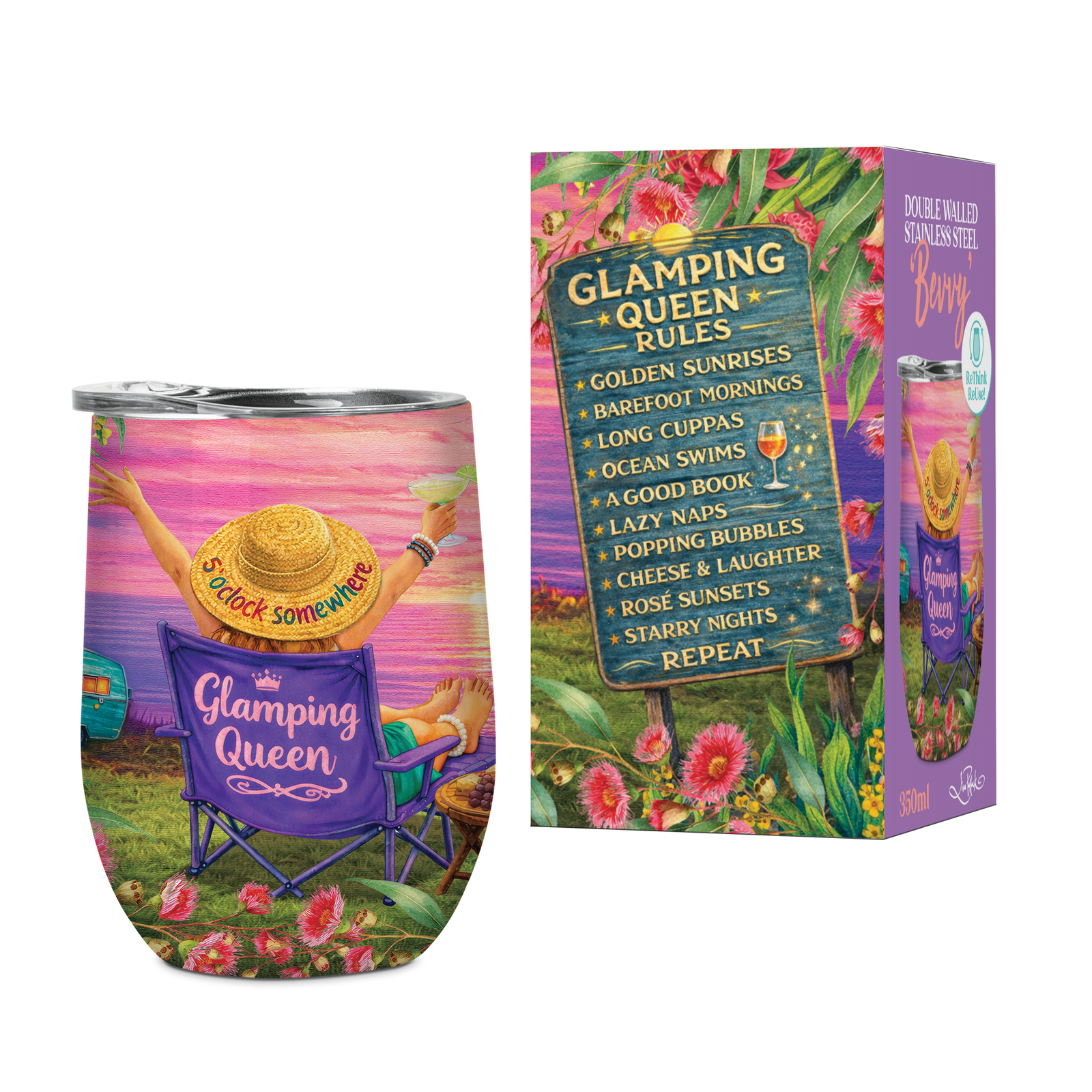 A stainless steel stemless wine tumbler with a colorful wrap-around graphic print. The design shows a person from behind wearing a straw sombrero that says 'So long somewhere' while sitting in a purple folding chair with 'Glamping Queen' written on it, set against a sunset beach scene.